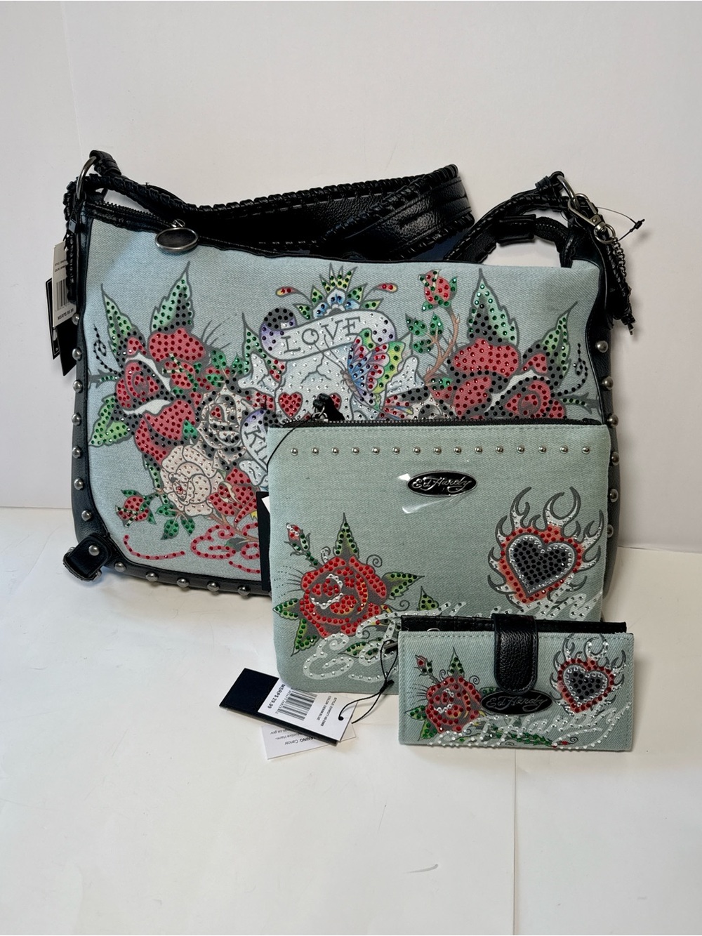 Ed Hardy Shoulder Bag Set Skull Roses Studded Purse Wallet Pouch NWT